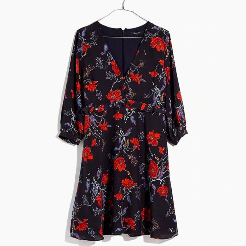 Madewell Silk Mini Ruffle Dress with Poppies